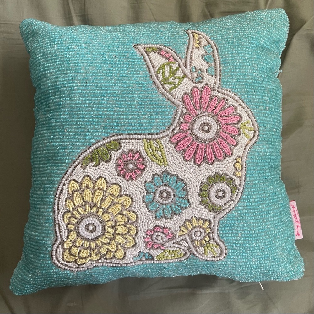 Spring Gatherings Easter Bunny Rabbit Floral Silhouette Glass Beaded Pillow